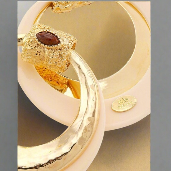 Gas Bijoux Authentic Meknes 24KGold Plated Hoop Earrings Marquise Glass Cabochon - Picture 6 of 12